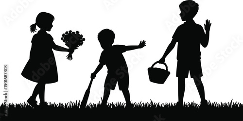 Children silhouette playing outdoors on grass, girl holding flowers and boys with basket, happy childhood activity illustration isolated on white background for spring design.