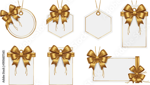 Elegant golden ribbon gift tags collection with decorative bows and blank card labels for luxury celebration, holiday packaging, greeting design