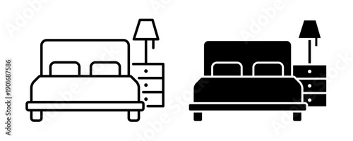 Bed or bedroom black line icon set. Suitable house, spa or hotel amenities for interior concept. Bed or bedroom icons, label, symbol, sign, logo, badge, flat vector, isolated illustration.