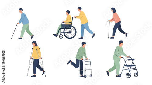 Diverse group of individuals using various mobility aids and assistive devices