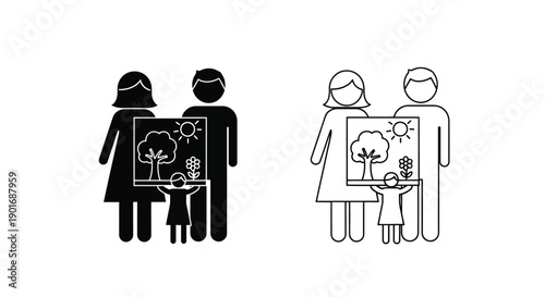 Family with a plant black and white icon set filled and outline versions