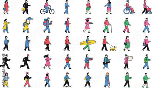 Diverse people walking, running, cycling, and commuting in various everyday activities, modern flat illustration of urban lifestyle, mobility, and daily routine scenes