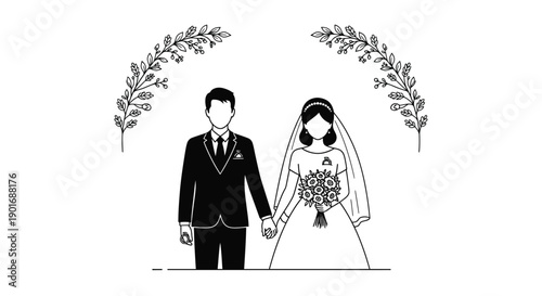 A black and white illustration of a bride and groom holding hands