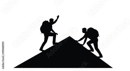 Silhouettes of two people helping each other climb a steep hill