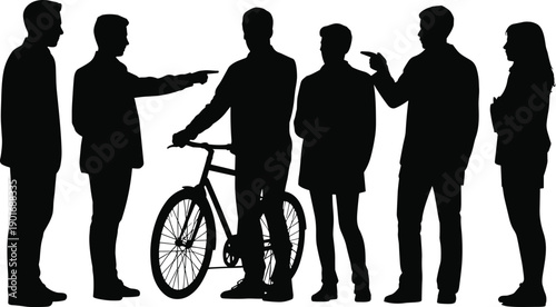 Diverse group of people in silhouette with a bicycle engaged in communication and pointing gestures against a white background