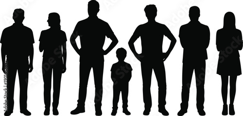 Diverse group of seven people including adults and a child standing in silhouette against a white background