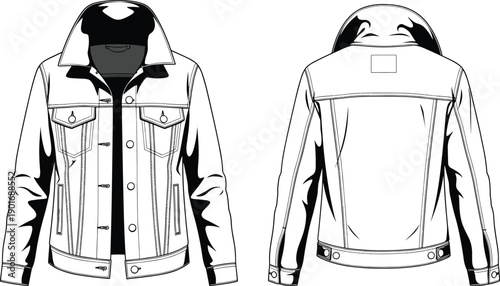 Denim jacket front and back technical sketch, fashion illustration, garment design, black and white, apparel template, clothing blueprint