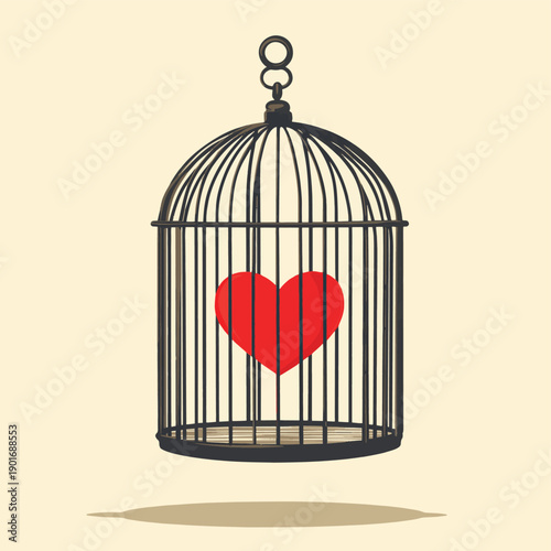 Locked bird cage with red heart icon. Trap, imprisonment, jail concept. , vector style simple color