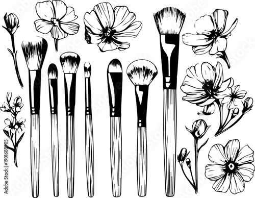 Artistic Makeup Essentials: A collection of meticulously detailed makeup brushes and delicate floral illustrations, all artfully rendered in elegant black and white.