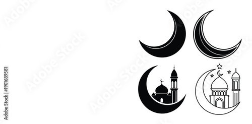 Elegant black Islamic Ramadan lantern silhouettes featuring diverse traditional designs and crescent moon details,Elegant black silhouette of a hanging lantern with crescent moon and stars