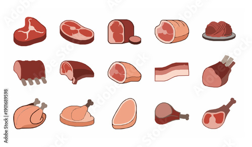 Assorted Meat Cuts Flat Vector Illustration Isolated on White