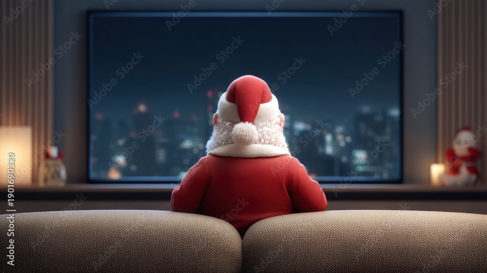 Fototapeta premium Santa Claus from the Back on Couch Watching TV in a Cozy Living Room with City Lights in the Background