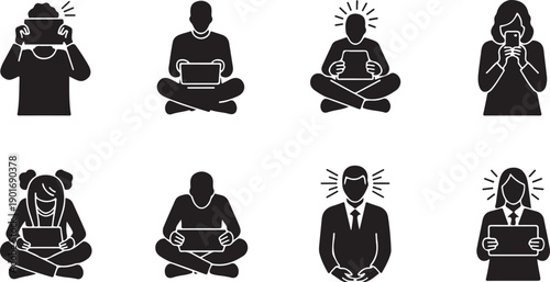 Diverse People Using Digital Devices Sitting Cross-legged Silhouette Vector Isolated on white background