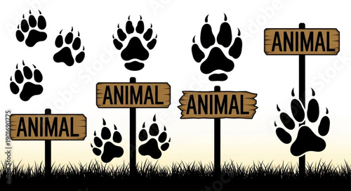 Animal paw prints and wooden signs with the word animal.