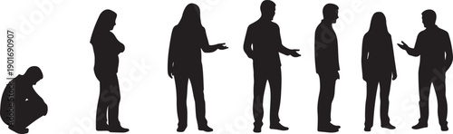 Group of people in silhouette, some interacting, one isolated, isolated on white background