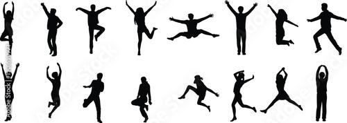 Jumping people silhouette set with happy men and women in dynamic poses, black human figures isolated on white background for freedom, dance and celebration design.