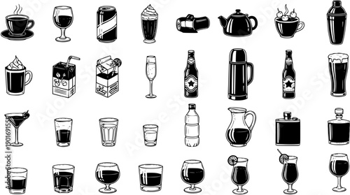 Food  Beverage Drinks and Drinkware Icons Collection in Hand-Drawn Black  White Line Art Style