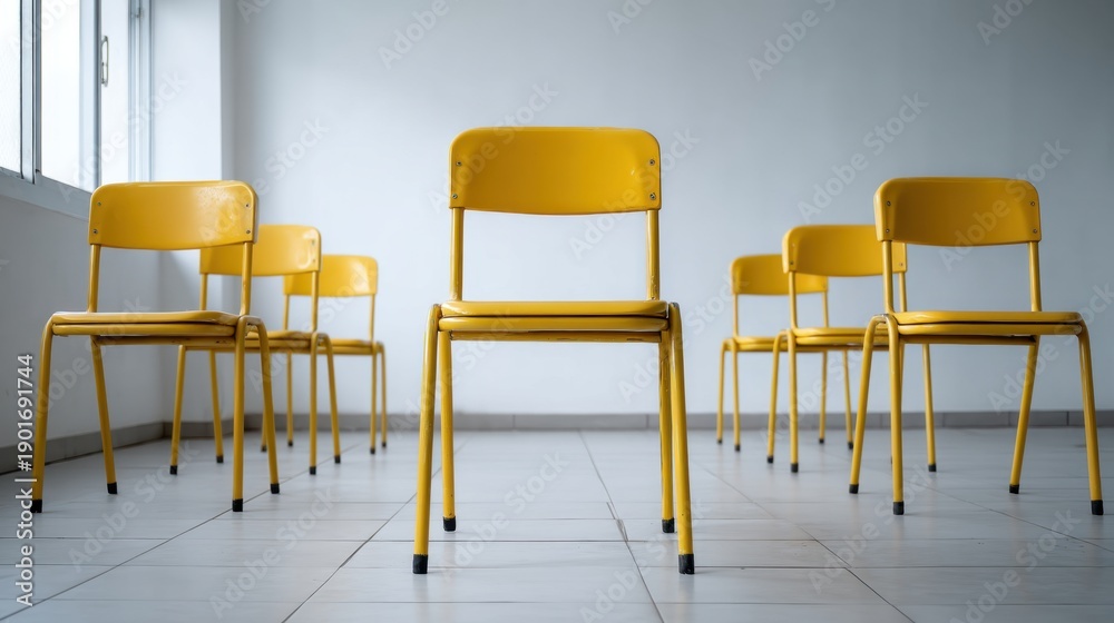 Obraz premium Empty Classroom with Yellow Chairs Arranged for Learning Environment in Minimalist Style