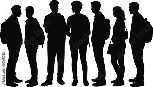 Silhouettes of a diverse group of young adults conversing and standing together, some with backpacks, against a white background