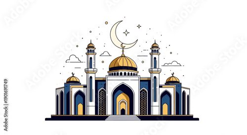 Vector illustration of a mosque with a golden dome and crescent moon, symbolizing Ramadan Kareem and Islamic culture on a white background.