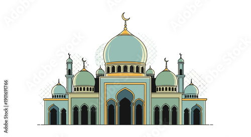 Illustration of a mosque with a large central dome and minarets in a soothing green and gold color scheme, set against a clean white background, conveying a sense of serenity and culture.