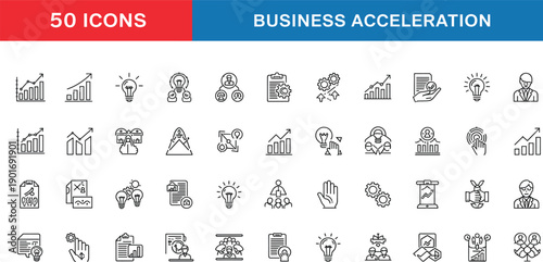 Business Acceleration Line Icon Set with Startup Growth, Analytics Charts, Innovation Ideas, Strategy Planning, Leadership, and Corporate Development Symbols Illustration