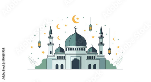 Illustration of a mosque with a green dome and minarets, surrounded by hanging lanterns, crescent moon, and stars on a white background, representing Islamic culture and Ramadan