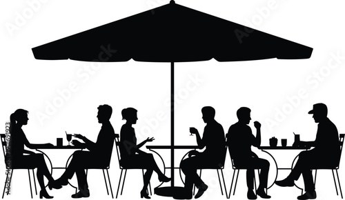 Silhouettes of diverse people enjoying drinks and conversation at an outdoor cafe under a large umbrella