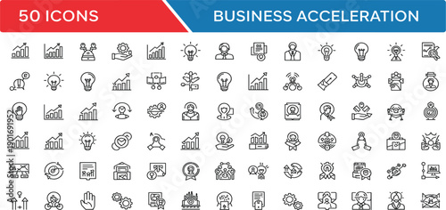 Business Acceleration Line Icon Set with Startup Growth, Analytics, Innovation, Strategy, Leadership, Marketing, and Corporate Development Symbols Illustration