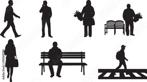 People Silhouettes Walking, Sitting, with Flowers Isolated on white background