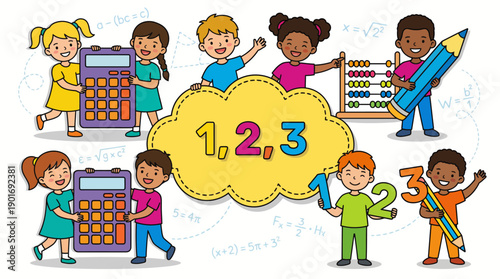 Cartoon diverse children studying mathematics, holding calculators, abacus, and big numbers. Fun STEM education and primary school concept.