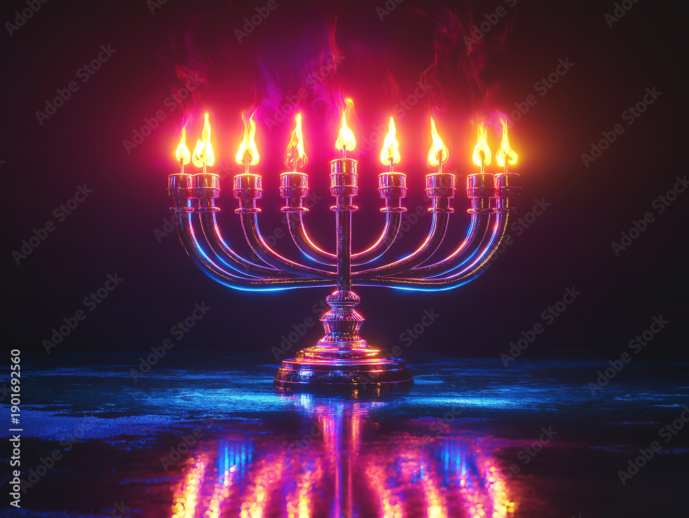 Fototapeta premium A High-Tech Neon Menorah Reflecting on a Smooth Black Surface