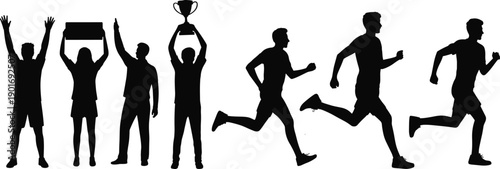 Sport athlete silhouette set with runners and winners holding trophy, black male fitness figures isolated on white background for marathon, training and victory concept.