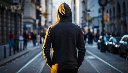 Urban street silhouette of hooded walker at midday.