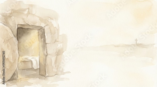 Easter Christ Jesus Resurrection empty tomb he is risen Christian watercolor illustration of the holy sepulcher with the cross of Calvary on a distant hill under soft morning light