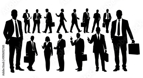 Silhouettes of a diverse group of business people in suits walking together as a team