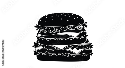 A striking black and white illustration of a stacked cheeseburger
