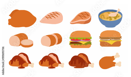 Chicken and Egg Dishes Flat Vector Food Illustration Set