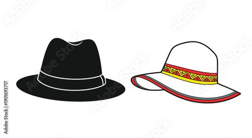 Two hats a black fedora and a colorful straw sunhat