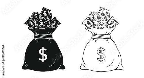 Two bags filled with money one solid black one outlined in white