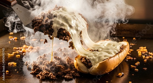 Philly Cheesesteak Being Assembled with Melted Cheese on Griddle