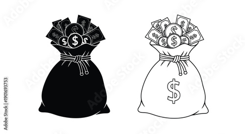 Two bags of money one solid black and one outlined in white