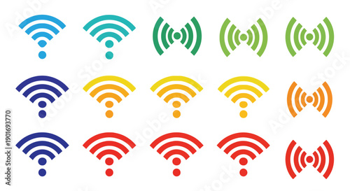 Colorful wifi signal icons in various styles and arrangements