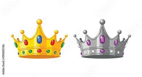 Two ornate crowns one gold and jeweled the other silver and regal
