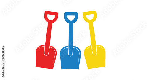 Three colorful plastic shovels arranged in a row on a white background