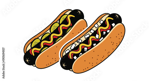 Two cartoon hot dogs with mustard relish and buns are displayed