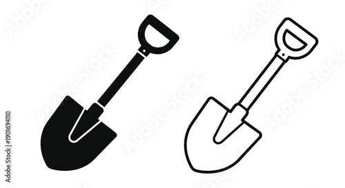 Two black and white illustrations of gardening shovels are displayed