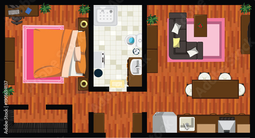 Small Apartment Top View Bedroom Living Room Bathroom Living Space Interior Vector