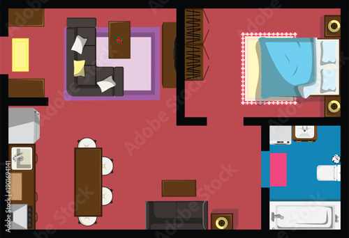 House Floor Plan Apartment Interior Design Full Furniture Top View Vector