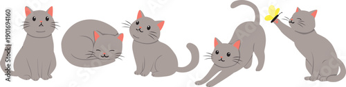 Playful Cats Bunch of 5 Kitten Flat Cartoon Gray Kitten Vector